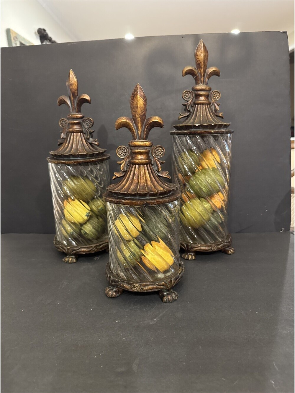 Ribbed Clear Glass (3) Round Jars with Fleur-de-Lis Lids 12”, 14”, & 16” Lemons